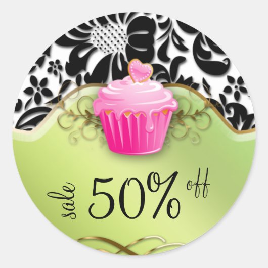 Bakkerij-Sticker Cupcake Floral Gold Pink Lime Gre Ronde Sticker (Voorkant)