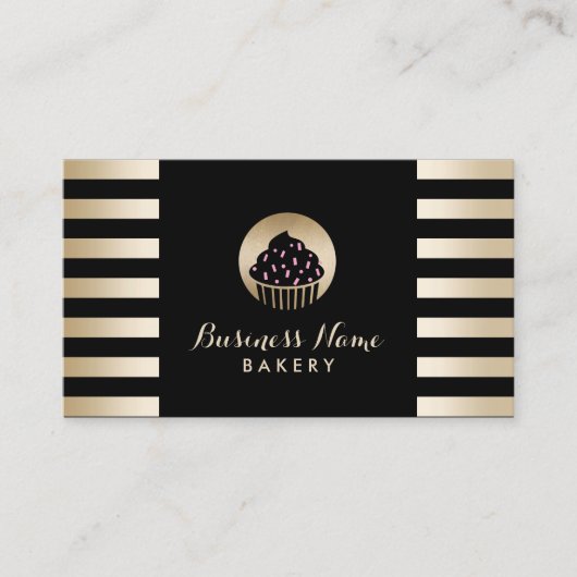 Bakkerij Sweet Cupcake Modern Zwart & Goud Strepen Visitekaartje (Voorkant)