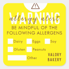 Bakkerij Voedsel Allergie Alert Veiligheid Geel Vierkante Sticker