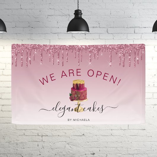 Bakkerij We zijn open Glitter Drip Bourgondië Cake Spandoek