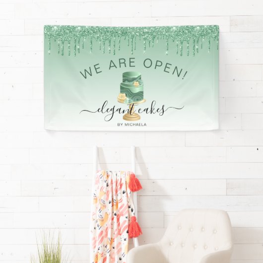 Bakkerij we zijn open, glitter Drip Green Cake Ban Spandoek (Insitu)