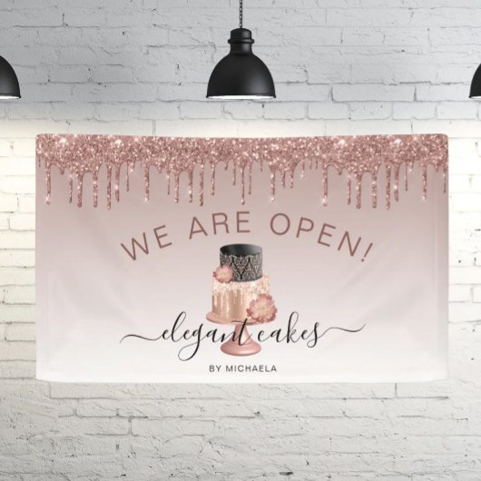 Bakkerij We Zijn Open Glitter Drip Roze Gouden Cak Spandoek