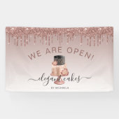 Bakkerij We Zijn Open Glitter Drip Roze Gouden Cak Spandoek (Horizontaal)
