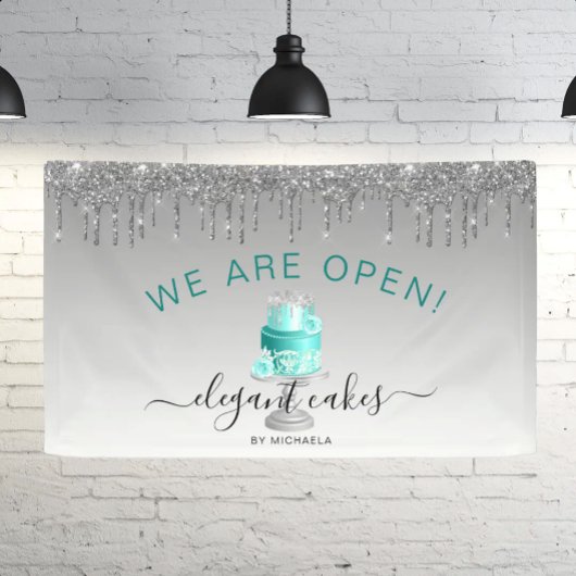 Bakkerij We Zijn Open Glitter Drip Turquoise Cake Spandoek