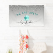 Bakkerij We Zijn Open Glitter Drip Turquoise Cake Spandoek (Insitu)