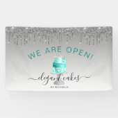 Bakkerij We Zijn Open Glitter Drip Turquoise Cake Spandoek (Horizontaal)