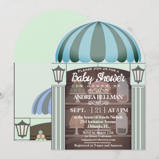 Bakkerij Winkel raam Baby Boy Douche Uitnodiging (Voorkant / Achterkant)