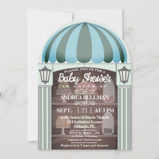 Bakkerij Winkel raam Baby Boy Douche Uitnodiging (Voorkant)