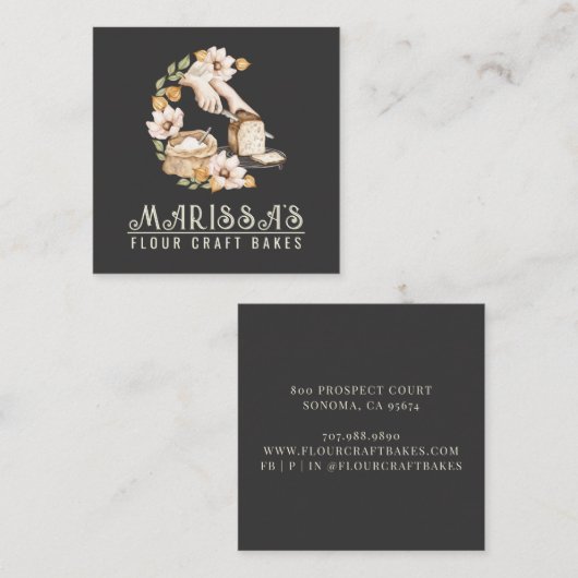 Bakkerijbrood en platte Floral Black Vierkante Visitekaartje (Voorkant / Achterkant)