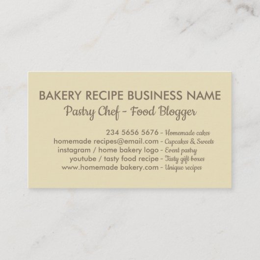 Bakkerijgebak, gebak, gebak voor decoratie visitekaartje (Achterkant)