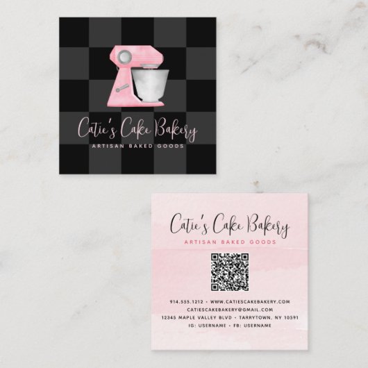 Bakkerijmenger Blush Roze QR Code Zwart Geruit Vierkante Visitekaartje (Voorkant / Achterkant)