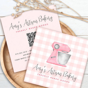 Bakkerijmenger QR-code Roze Gingham Patroon Vierkante Visitekaartje
