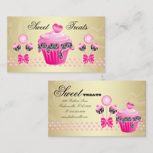 Bakkerijproducten Pop Cupcake Roze goudZebra  Visitekaartje (Voorkant / Achterkant)