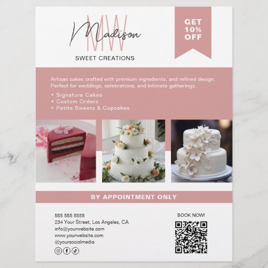 Bakkerijtaart Custom Monogram Logo Wit Roze Flyer (Voorkant)