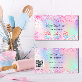 Bakkersbloem roze paarse glitterstof QR-code Visitekaartje