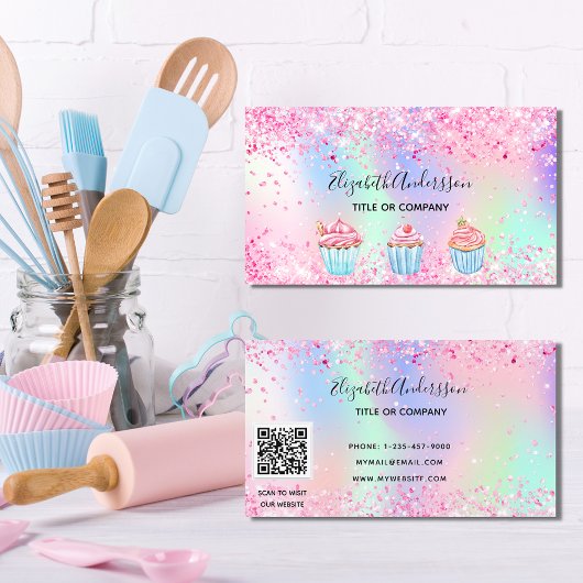 Bakkersbloem roze paarse glitterstof QR-code Visitekaartje