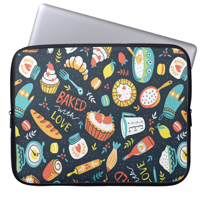 Bakkersretro naadloos patroon met stippen en flora laptop sleeve (Voorkant)