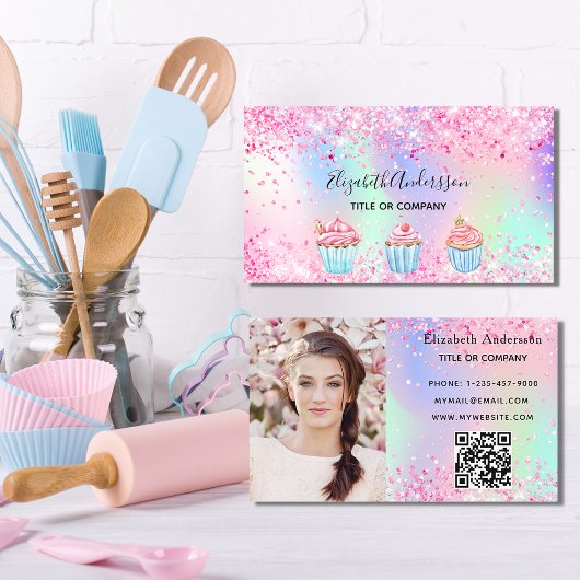 Bakkersroze paarse glitter foto QR-code Visitekaartje