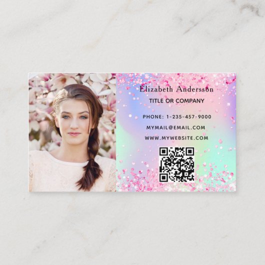 Bakkersroze paarse glitter foto QR-code Visitekaartje (Achterkant)