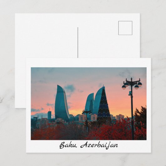 Bakoe-briefkaart met wolkenkrabben en vlammenwerpe briefkaart (Voorkant / Achterkant)