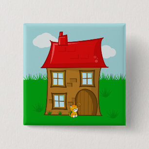 Bakstenen huis met rode dak en rode kat vierkante button 5,1 cm