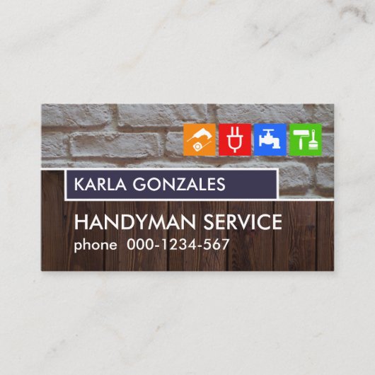Bakstenen wandhouten paneelbouwer visitekaartje (Voorkant)