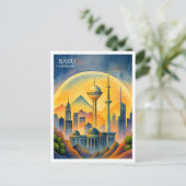 Baku Azerbeidzjan Cityscape Waterverf Feestdagenkaart (Staand voorkant)