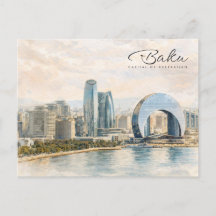 Baku Azerbeidzjan Hoofdstad Aquarel Reis Cadeau