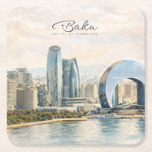 Baku Azerbeidzjan Hoofdstad Aquarel Reis Cadeau Kartonnen Onderzetters