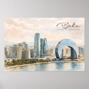 Baku Azerbeidzjan Hoofdstad Aquarel Reis Cadeau Poster