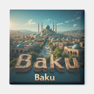 Baku Oude Stad Silhouet Met Historische Moskee Magneet