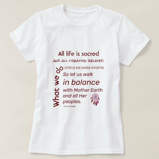 Balans met Moeder Aarde Indiaanse prijsopgave T-shirt (Design voorkant)