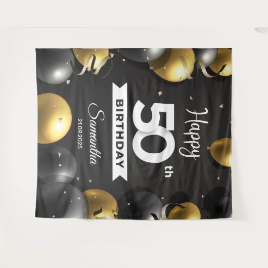 Balck and gold balloons 50th birthday backdrop wandkleed (Voorkant (horizontaal))