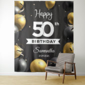 Balck and gold balloons 50th birthday backdrop wandkleed (In situ)