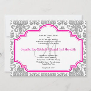Balck Damask Hot Pink White Wedding Invitations Kaart