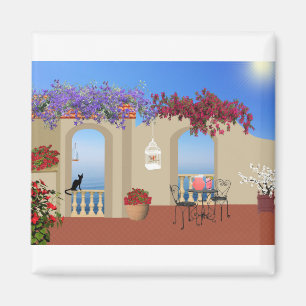 Balcony Buiten Flowers Table Tranquility Seaside. Magneet