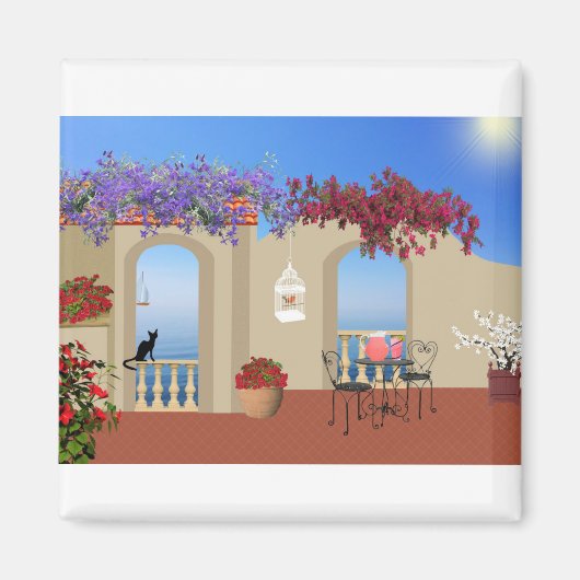 Balcony Buiten Flowers Table Tranquility Seaside. Magneet (Voorkant)