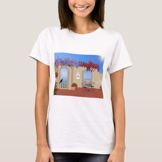 Balcony Buiten Flowers Table Tranquility Seaside. T-shirt (Voorkant)