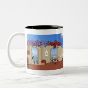 Balcony Buiten Flowers Table Tranquility Seaside. Tweekleurige Koffiemok