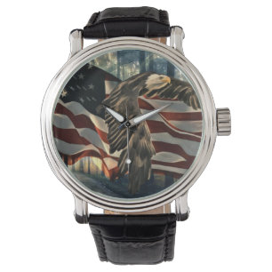 Bald Eagle American Flag Country Road Horloge