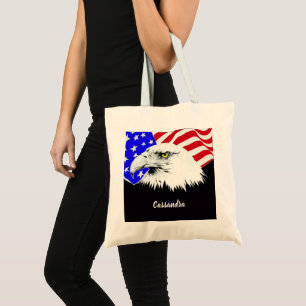 Bald Eagle American Flag Custom Name of Quote Tote Bag