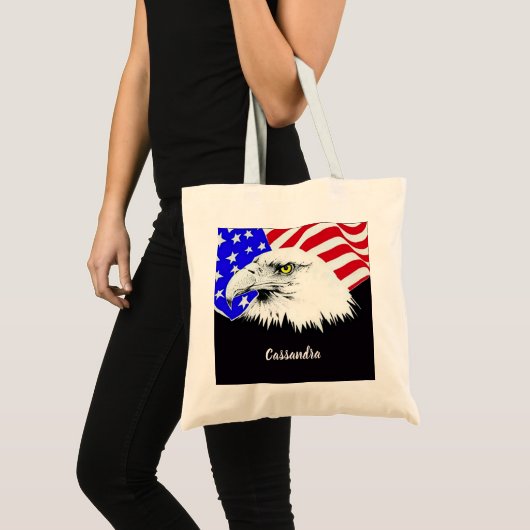 Bald Eagle American Flag Custom Name of Quote Tote Bag (Voorkant (product))