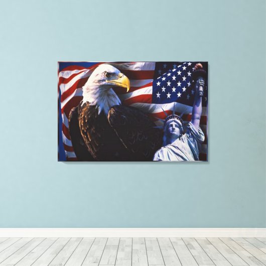Bald Eagle an Statue of Liberty an American flag Canvas Afdruk (Insitu (Houten vloer))