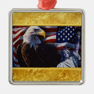 Bald Eagle an Statue of Liberty an American flag Metalen Ornament