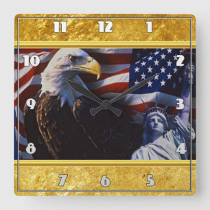 Bald Eagle an Statue of Liberty an American flag Vierkante Klok
