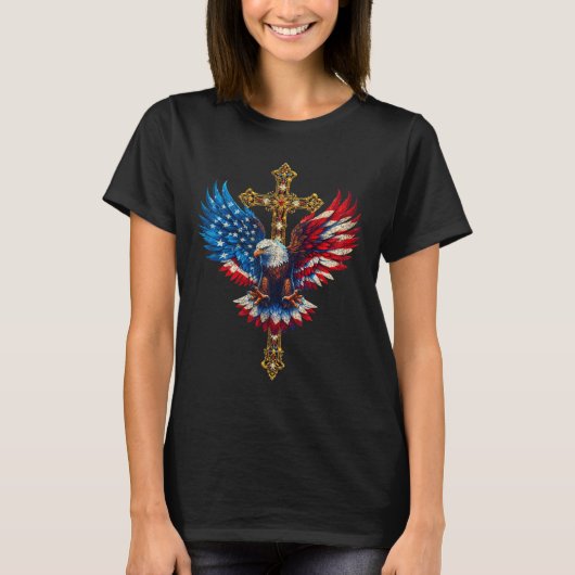 Bald Eagle Christelijk Faith Cross Amerikaanse vla T-shirt (Voorkant)
