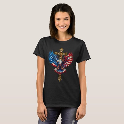 Bald Eagle Christelijk Faith Cross Amerikaanse vla T-shirt (Voorkant volledig)