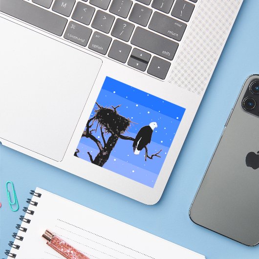 Bald Eagle in Winter - Originele Wilde Kunst Sticker (Laptop met iPhone)