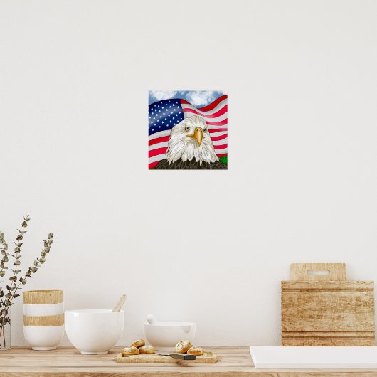 Bald Eagle met Amerikaanse vlag Achtergrond Poster (Keuken)