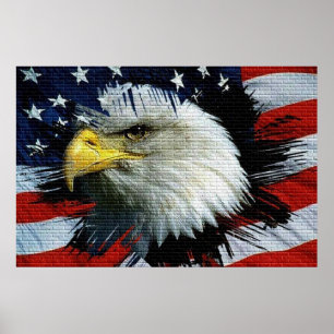 Bald Eagle met een Amerikaanse vlag achter hem Poster